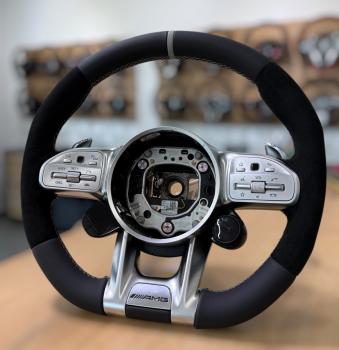 Preview: Sportlich-elegantes Lenkrad, neu bezogen für Mercedes G63 AMG sowie C43 und GLC43 AMG, Design A673